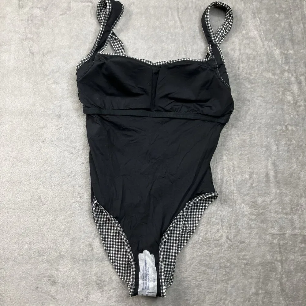 J Crew Nia Gingham Ruched Squareneck One-Piece Swimsuit Womens 10 Black & White